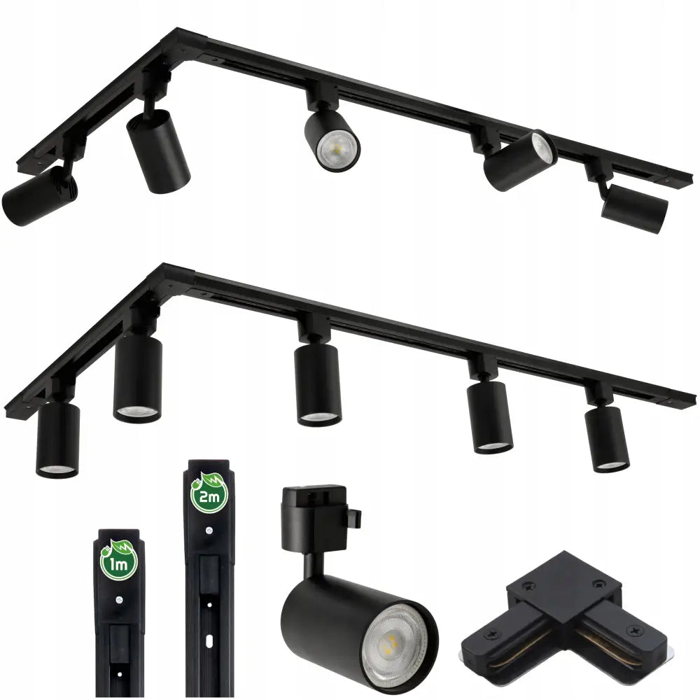 1-faset Skinnesett 2m Skinne + 1m Skinne + L-kobling + 5x Gu10 Spotlys