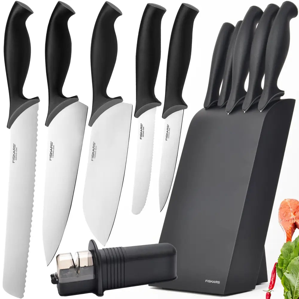 Fiskars Sett med 5 Kjøkkenkniver + Knivsliper og Blokk