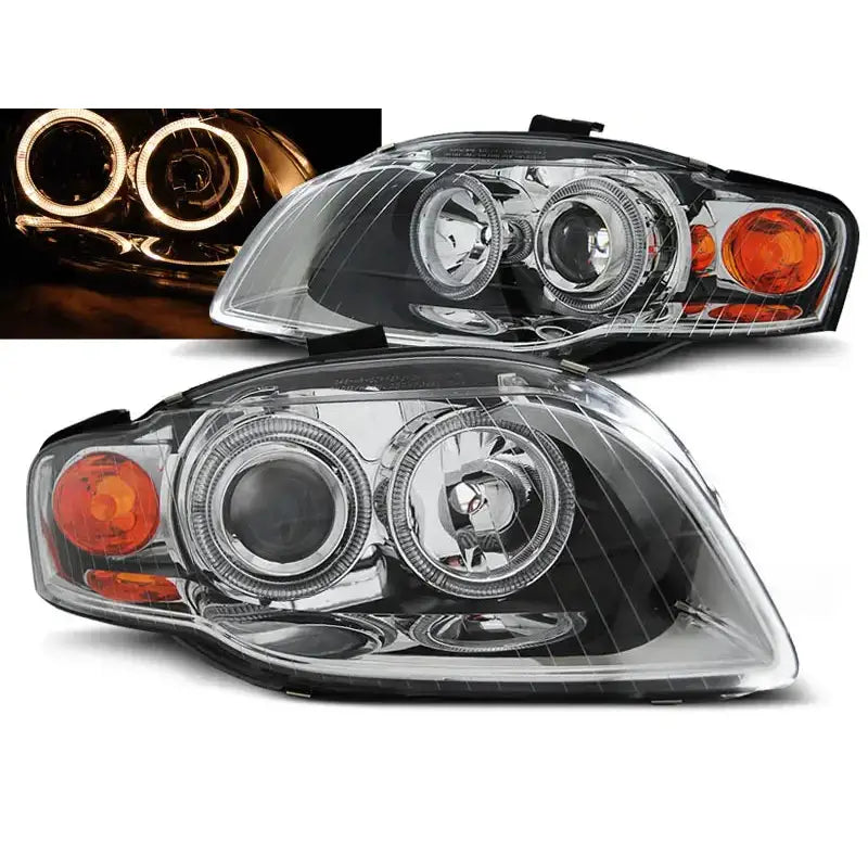 Frontlykter Audi A4 B7 11.04-03.08 Angel Eyes Chrome