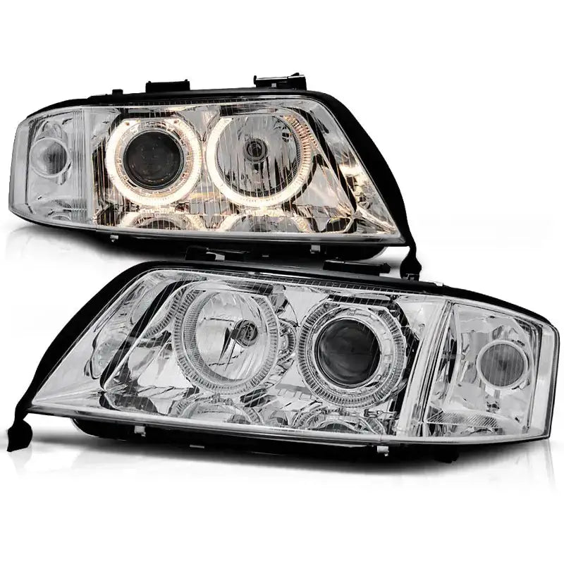 Frontlykter Audi A6 10.99-06.01 Angel Eyes Chrome Xenon