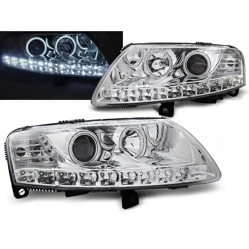 Frontlykter Audi A6 C6 04.04-08 Angel Eyes Led Chrome