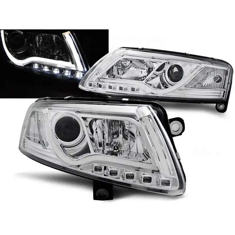 Frontlykter Audi A6 C6 04.04-08 Led Tube Lights Chrome