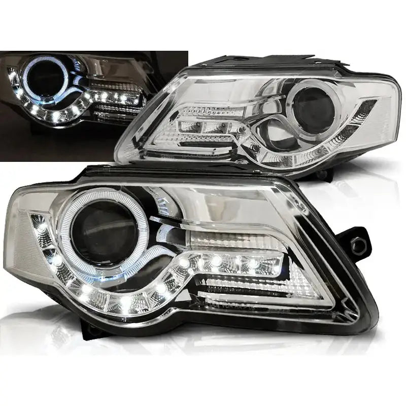 Frontlykter Vw Passat B6 3c 03.05-10 Chrome Led + Halo Rim