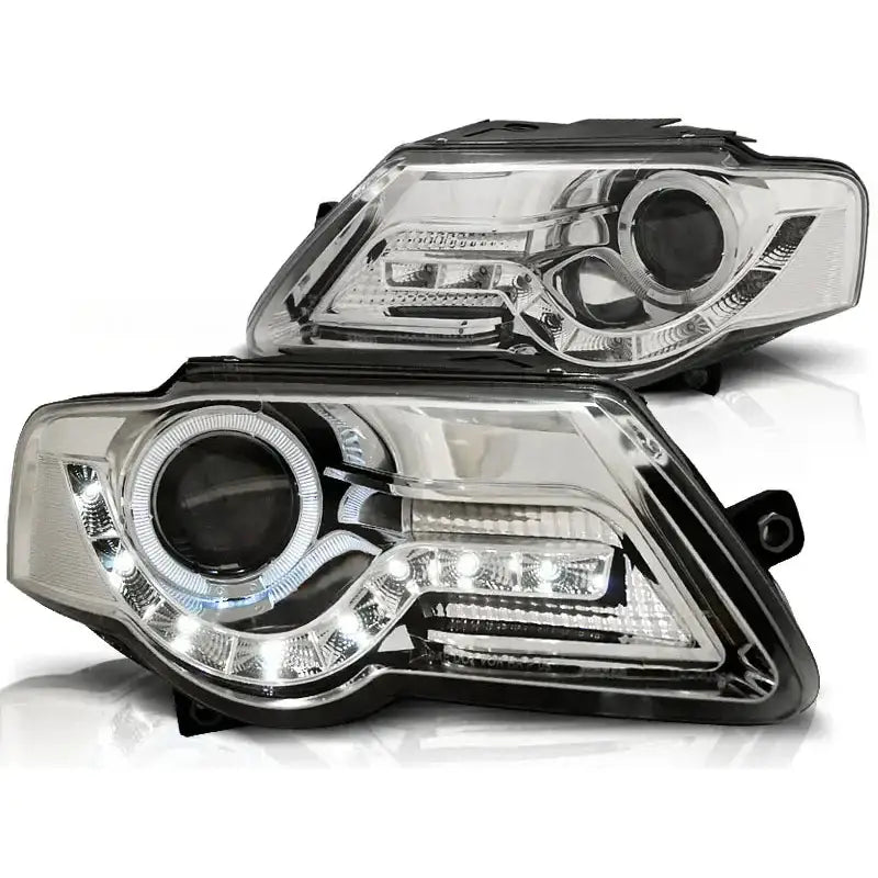 Frontlykter Vw Passat B6 3c 03.05-10 Chrome Led + Halo Rim
