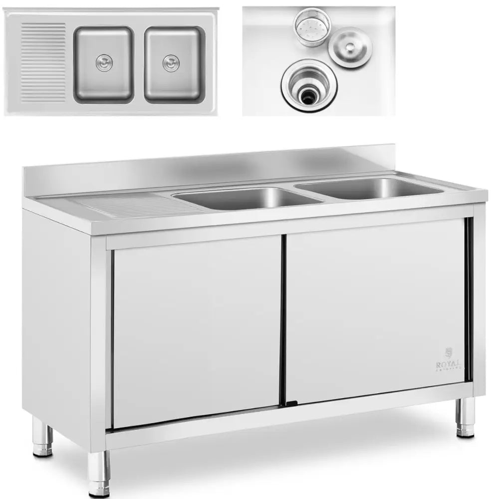 Gastro Kjøkkenvask med To Vasker og Skap - 140 x 70 x 95 Cm.