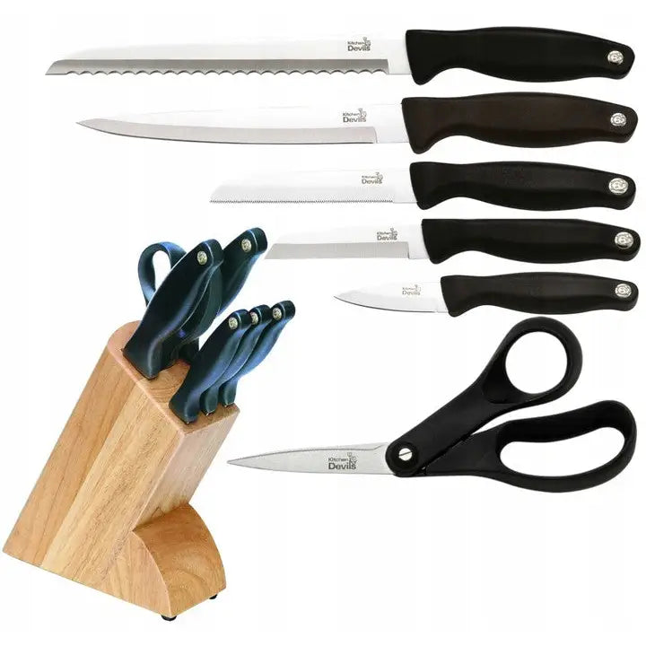 Komplett Sett med 5 Kniver i Knivblokk Kitchen Devils + Saks