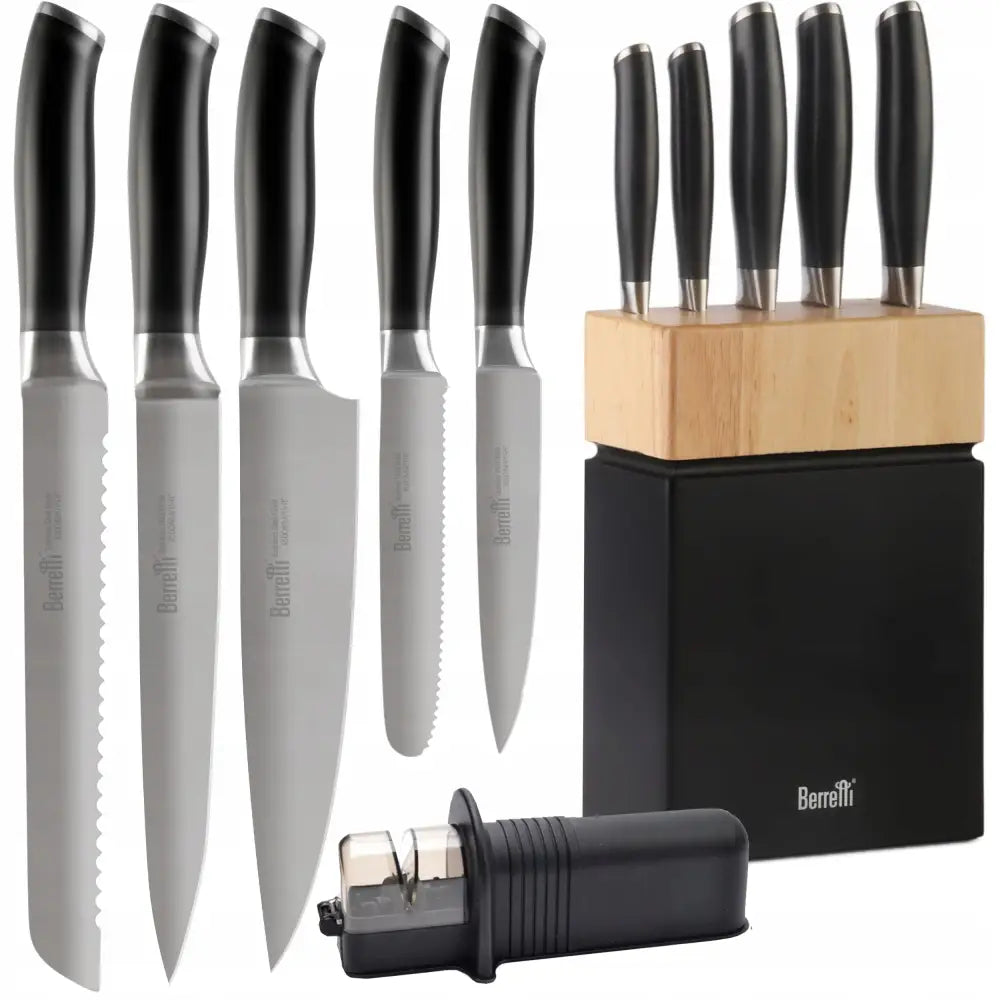 Komplett Sett med 5 Kniver i Svart Blokk + Fiskars Knivsliper.