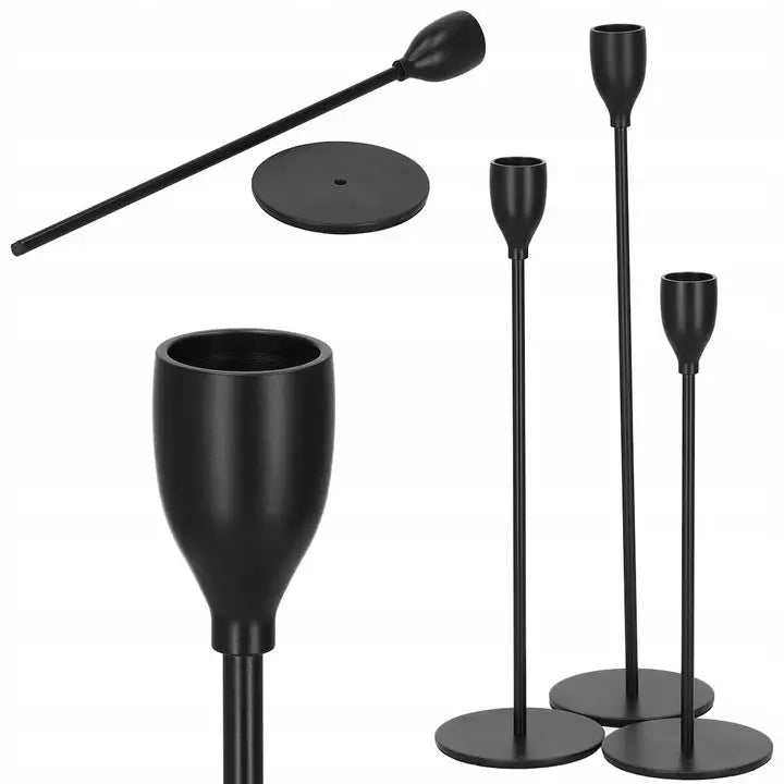 Lysestake Sett Komplett Metall Dekor Svart for Stearinlys Glamour 3 Stk.