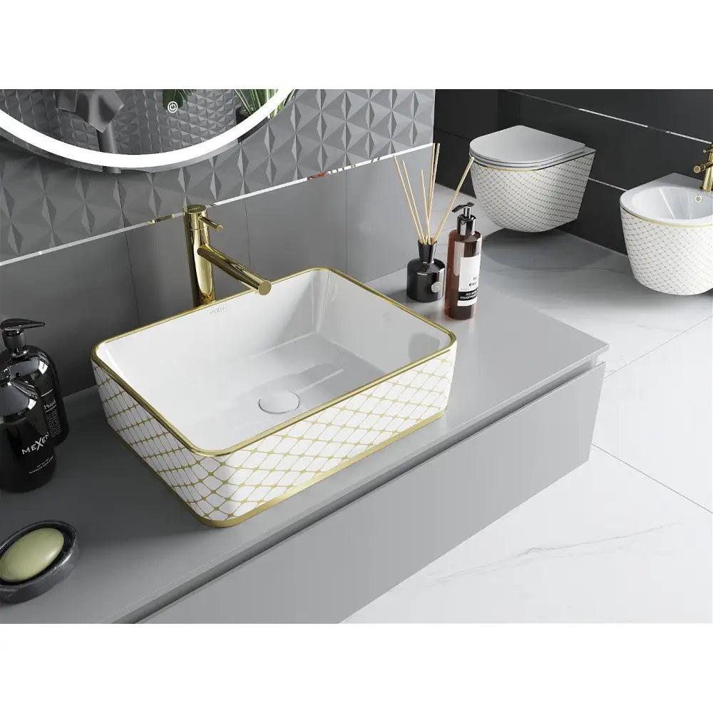 Mexen Catia Servant for Plassering på Benkeplate 48x37 Cm Hvit/gull Sjakkmønster