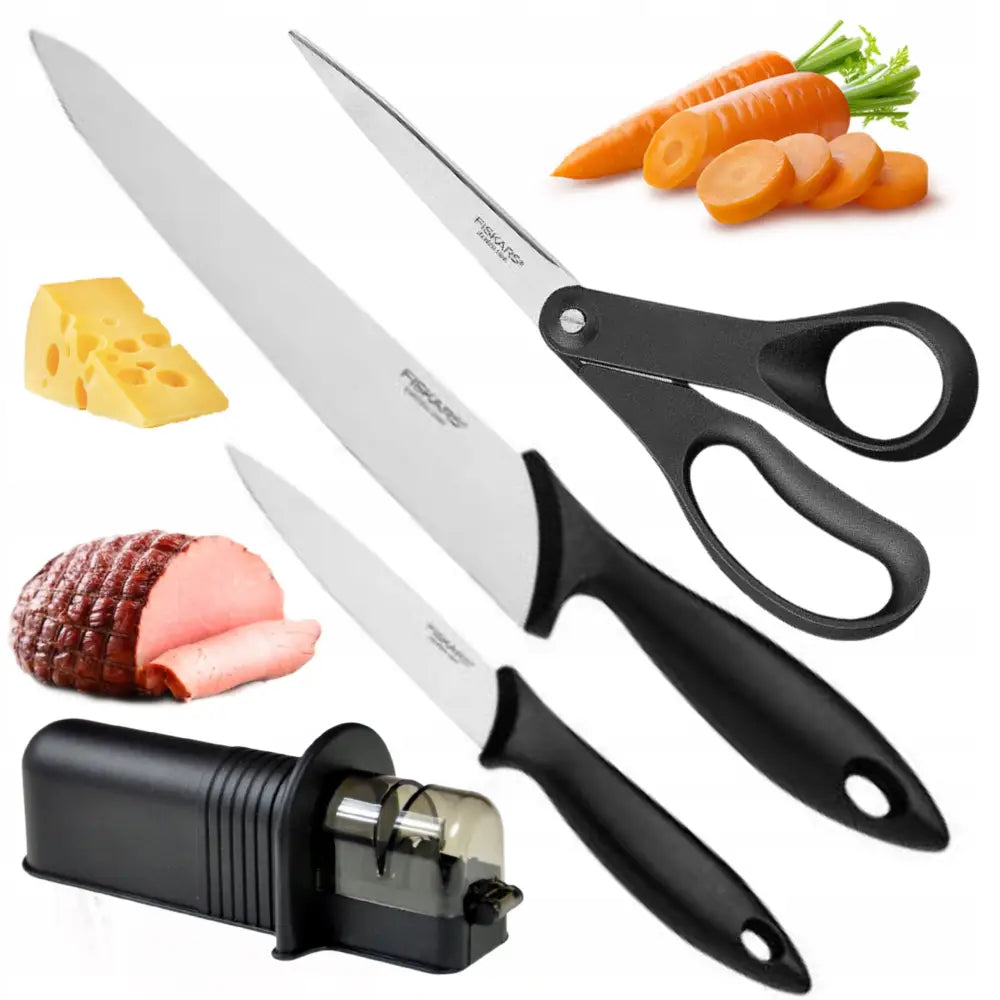Sett med 2 Fiskars Essential Kniver Knivsliper og Saks