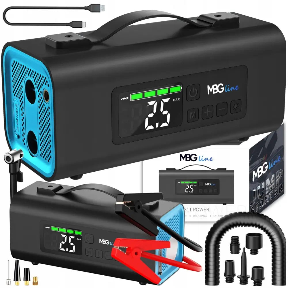 Startbooster Jump Starter 54,76wh Bilkompressor Blåser Powerbank Led