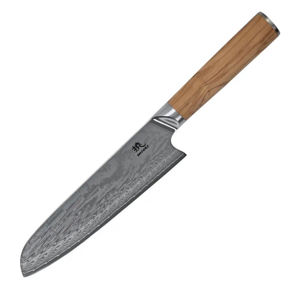 Stor Perfekt Balansert Shiori 撓 Orību Santoku Damaskstålkniv Premium Oliventre
