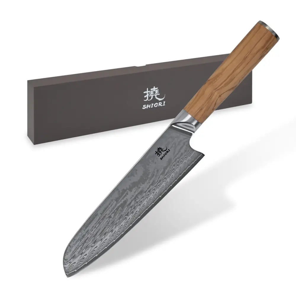 Stor Perfekt Balansert Shiori 撓 Orību Santoku Damaskstålkniv Premium Oliventre