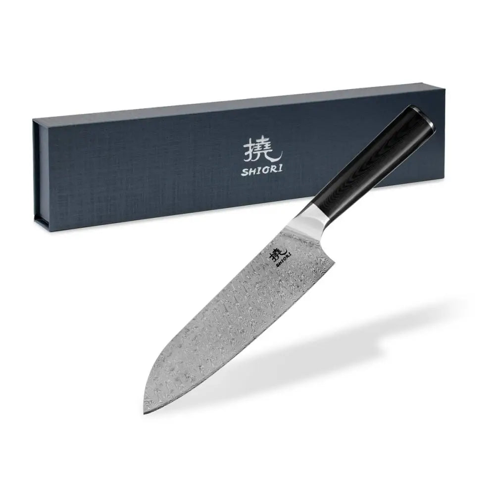 Stor Perfekt Balansert Shiori 撓 Yasashi-sa Santoku Damaskstålkniv G10-håndtak