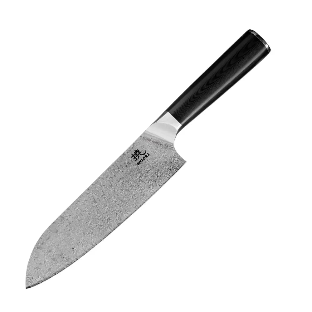 Stor Perfekt Balansert Shiori 撓 Yasashi-sa Santoku Damaskstålkniv G10-håndtak