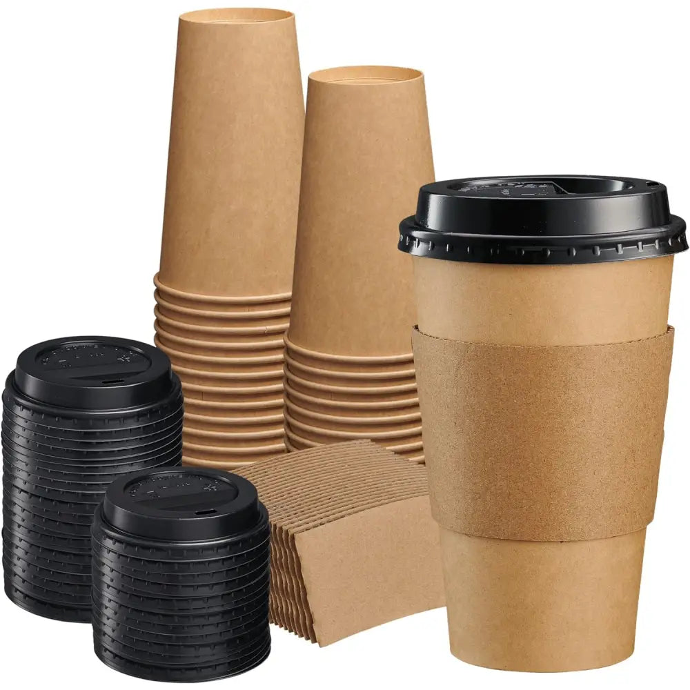 Takeaway Kaffesett Kraft Papirkopper med Lokk og Sleeves 400ml 100stk
