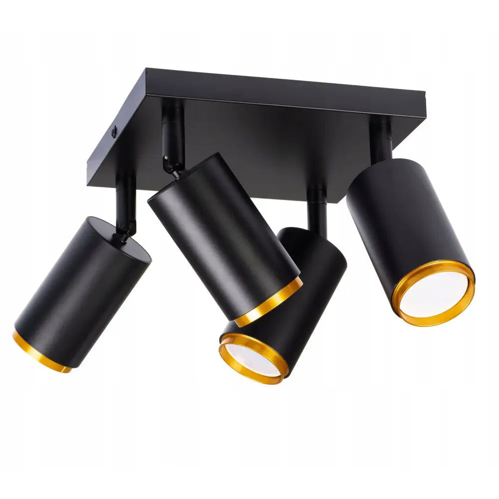 Taklampe Spot Light med 4 Svarte Rør og Gyllen Finish