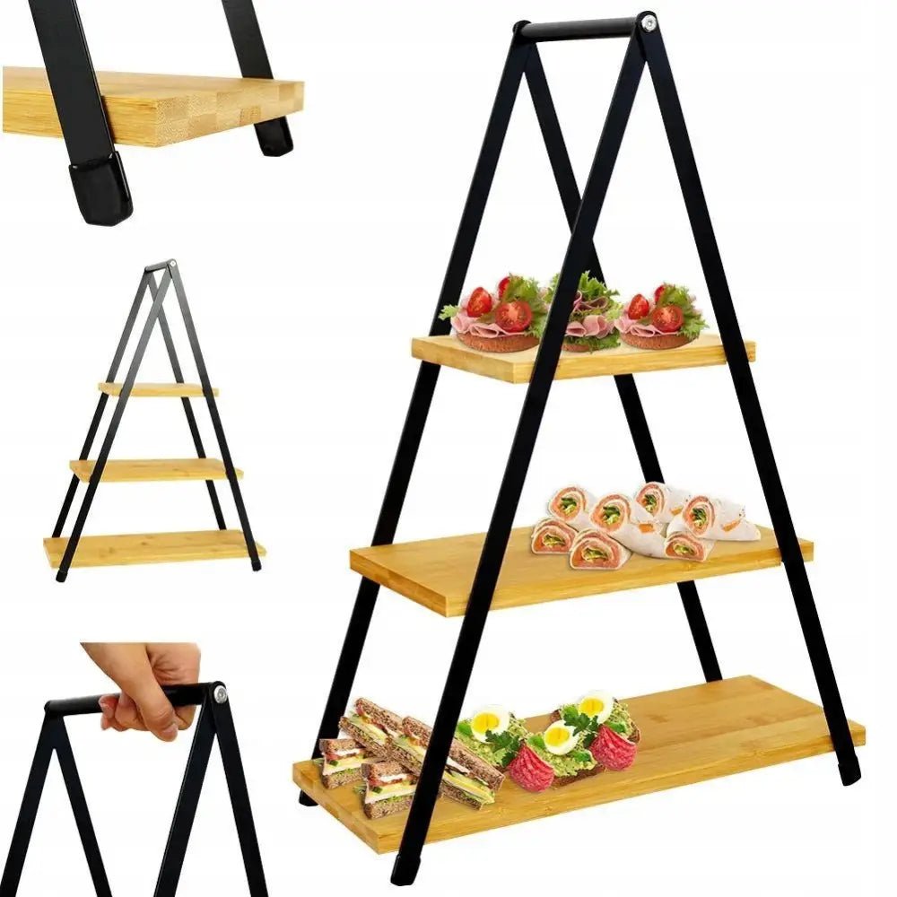 Tre Etasjers Serveringsfat Pyramid Snacksfat av Tre og Metall