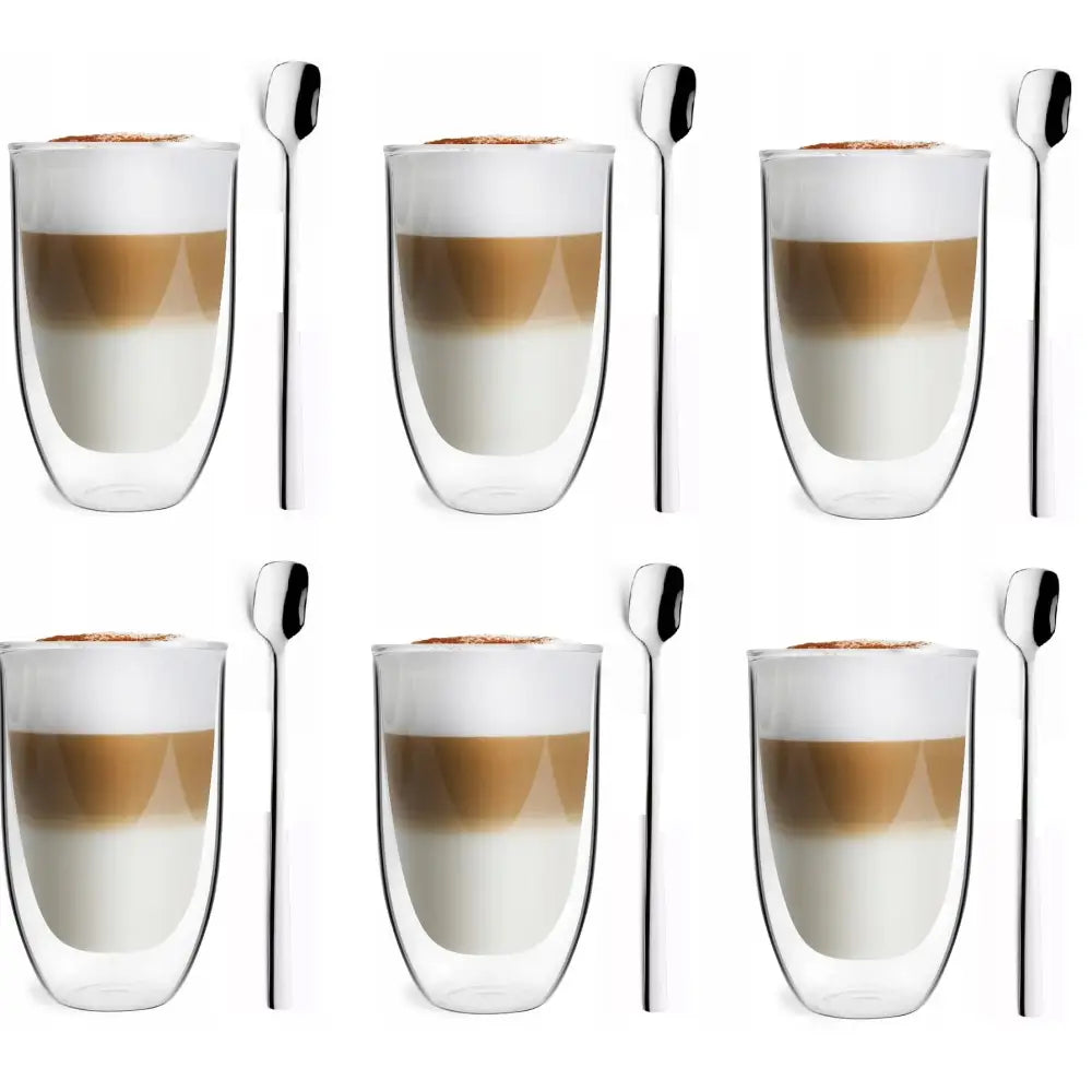 Vialli 6 Høye Termiske Glass for Amo Kaffe Latte + Amefa Teskjeer