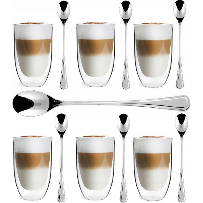 Vialli Sett med Termiske Doble Vegger Latte Kaffeglass + 6 Amefa Teskjeer