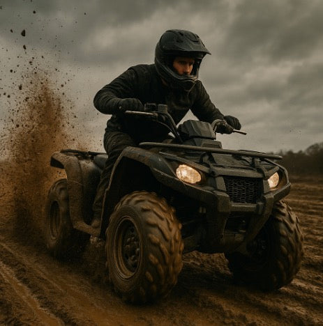 Mann kjører ATV med solide ATV dekk gjennom gjørmete terreng.