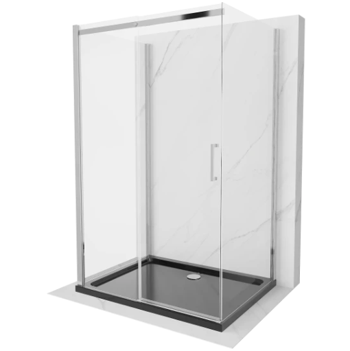 Stilig dusjhjørne med dusjbrett med skyvedører i frostet glass.