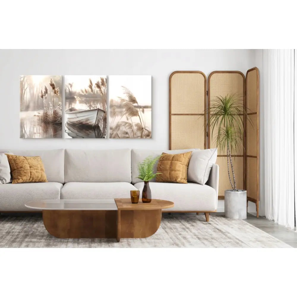 Boho Beige og Brun – Tryptyk Lerretsbilde | Bilder til Stue og Soverom 60x120 Cm