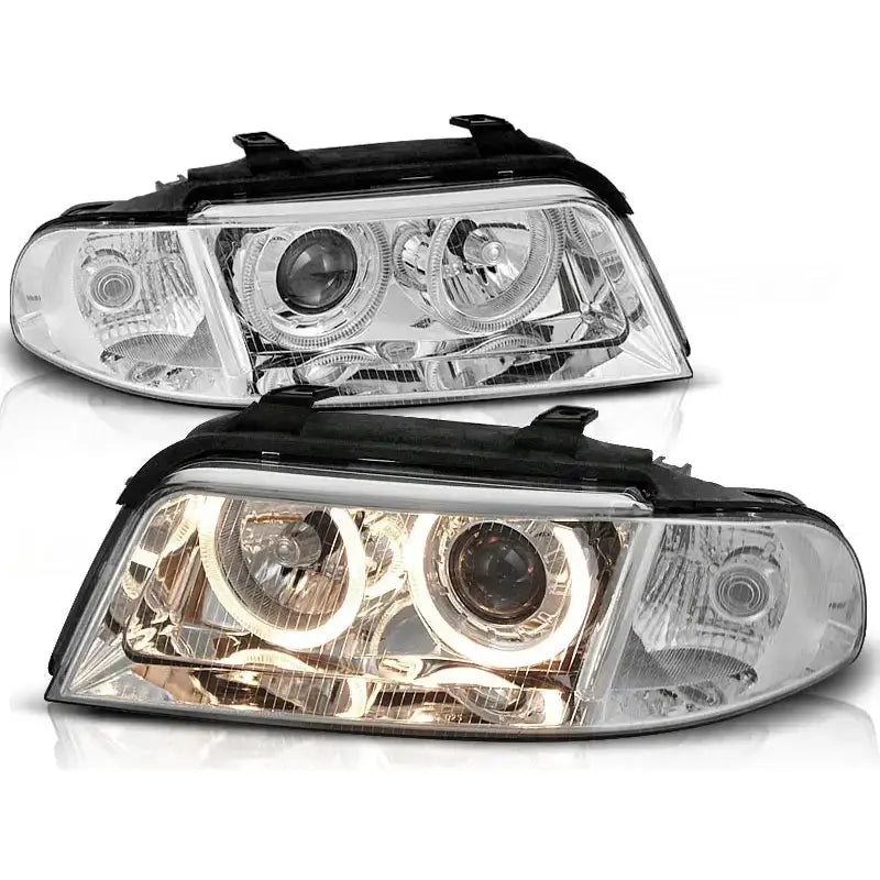 Frontlykter Audi A4 01.99-09.00 Angel Eyes Chrome