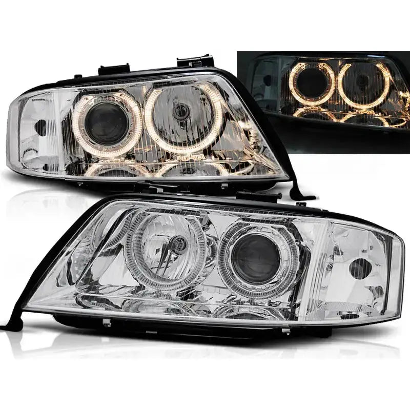 Frontlykter Audi A6 05.97-09.99 Angel Eyes Chrome