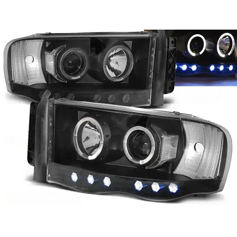 Frontlykter Dodge Ram 02-06 Angel Eyes Black