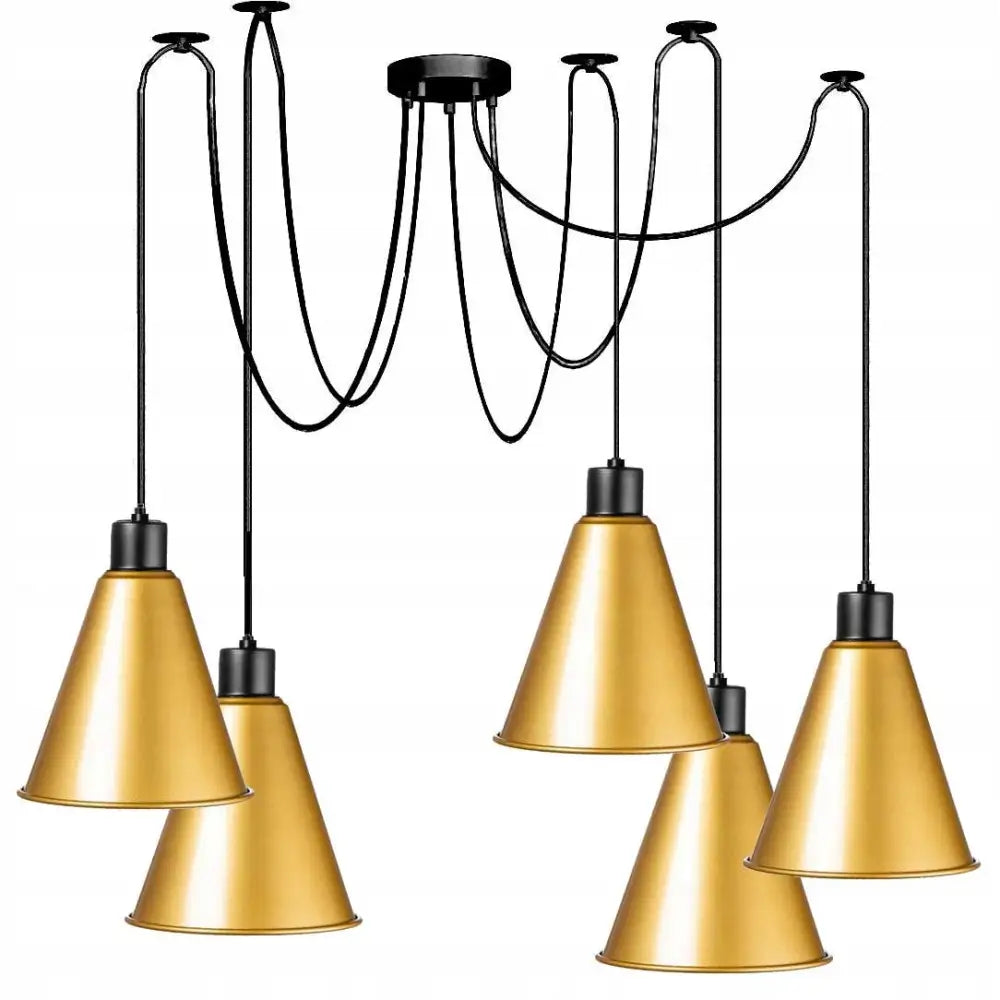 Hengende Lampe Edderkopp 5 Skjermer Kjegle Gull (p5/b/k/kj_gull)