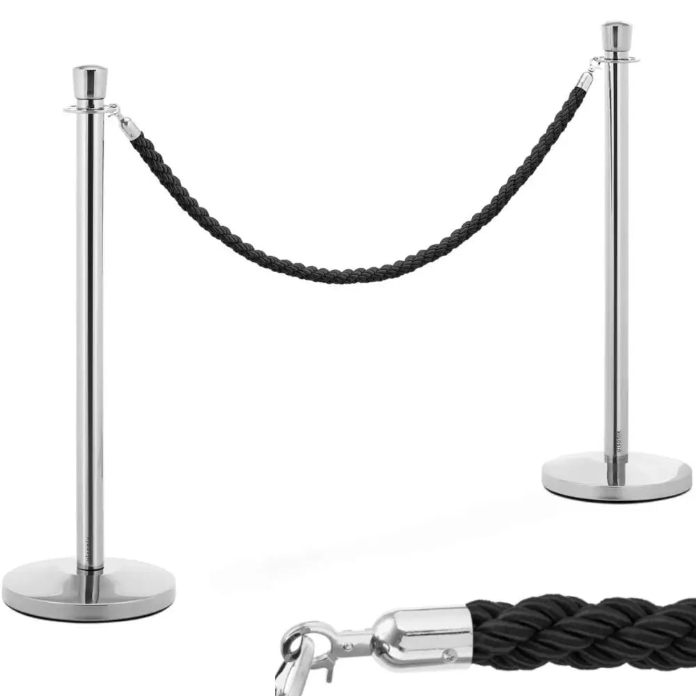 Hotel Avsperringsstolpe i Sølv med Svart Snor 150 Cm - 2 Stk.