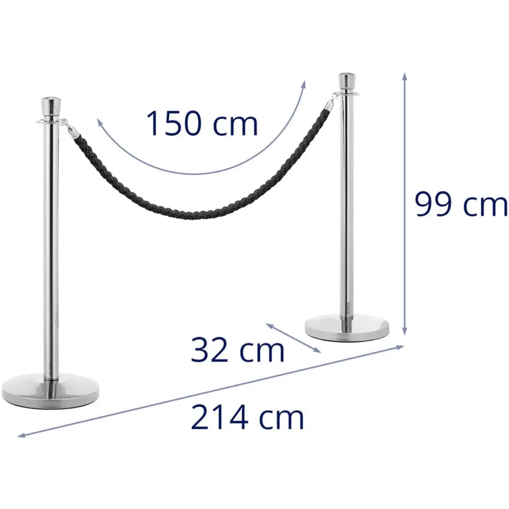 Hotel Avsperringsstolpe i Sølv med Svart Snor 150 Cm - 2 Stk.