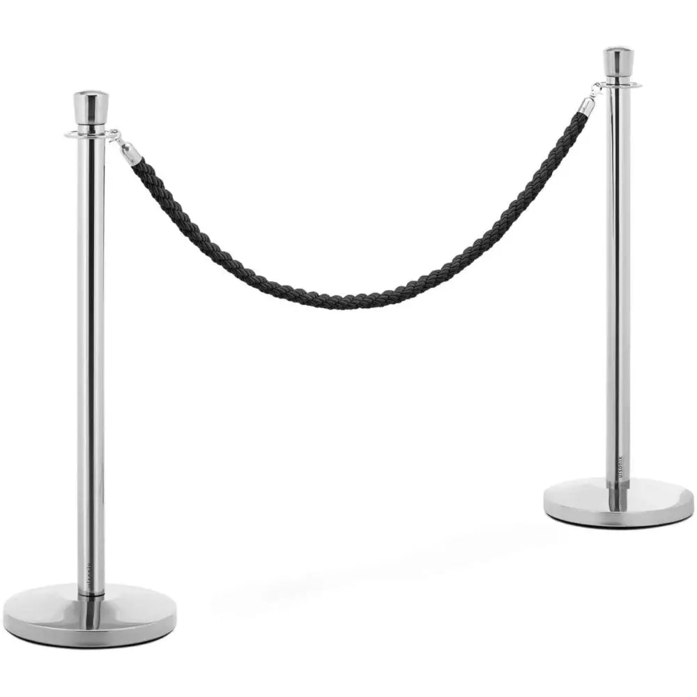 Hotel Avsperringsstolpe i Sølv med Svart Snor 150 Cm - 2 Stk.