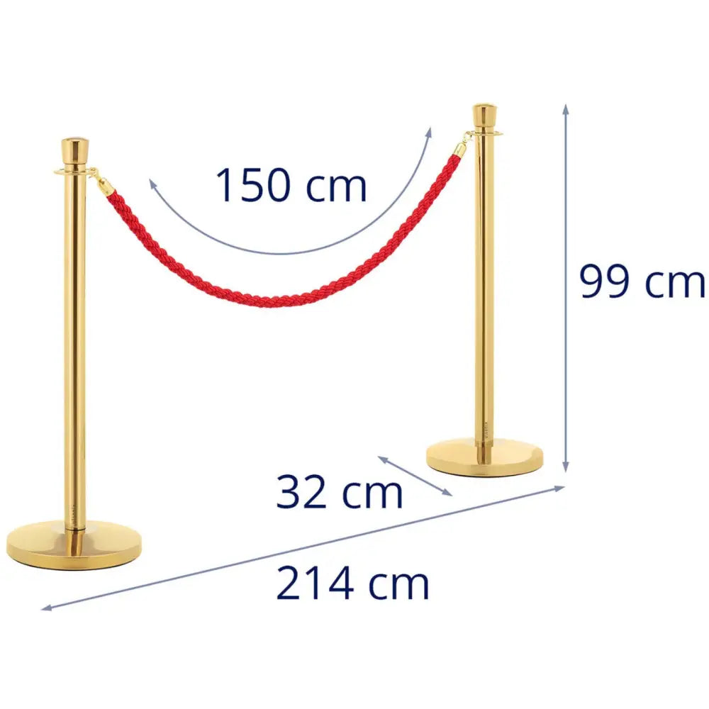Hotel Vakt- og Sikkerhetsstolpe Gull med Rød Snor 150 Cm - 2 Stk.