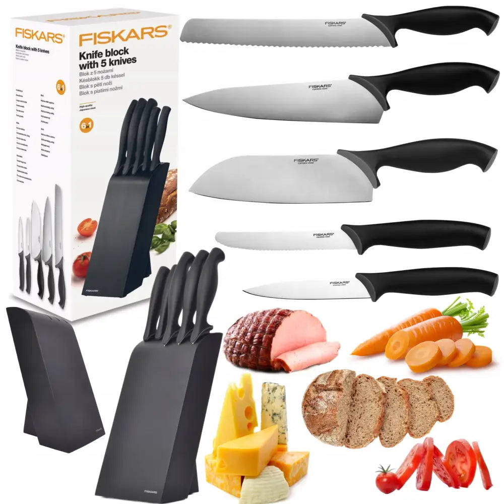 Komplett Sett med 5 Kniver for Kokken i Svart Treblokk fra Fiskars 1073023