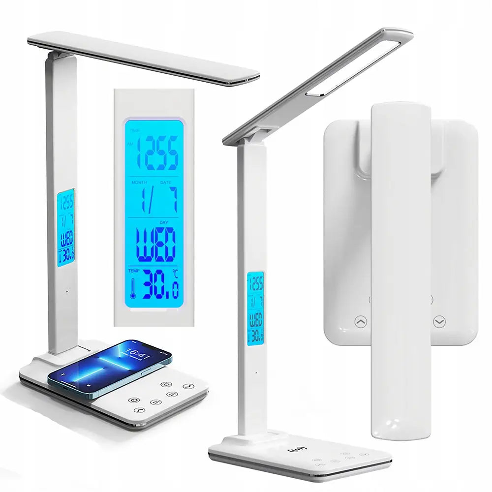 Led-skrivebordslampe med Trådløs Iq-lader Klokke Vekkerklokke og Termometer.