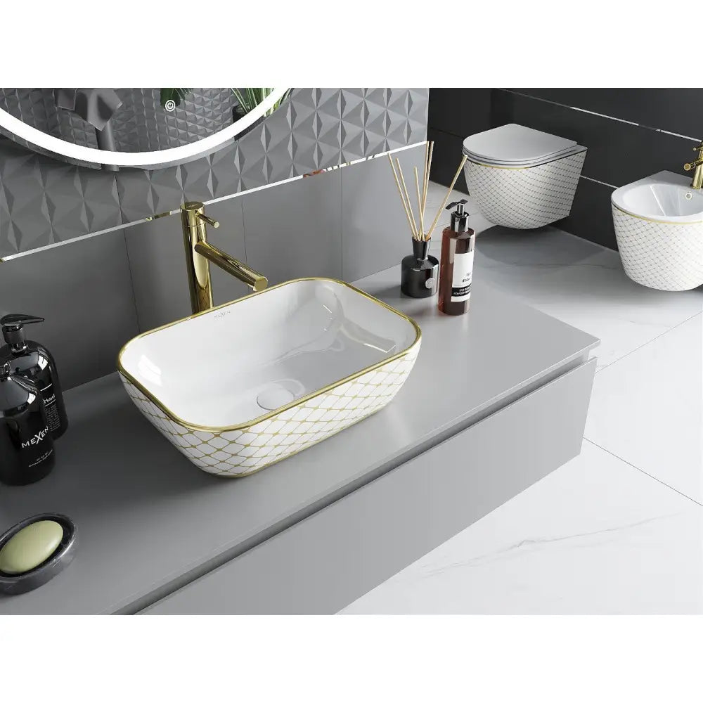 Mexen Rita Servant for Plassering på Benkeplate 45x32 Cm Hvit/gull Rutemønster