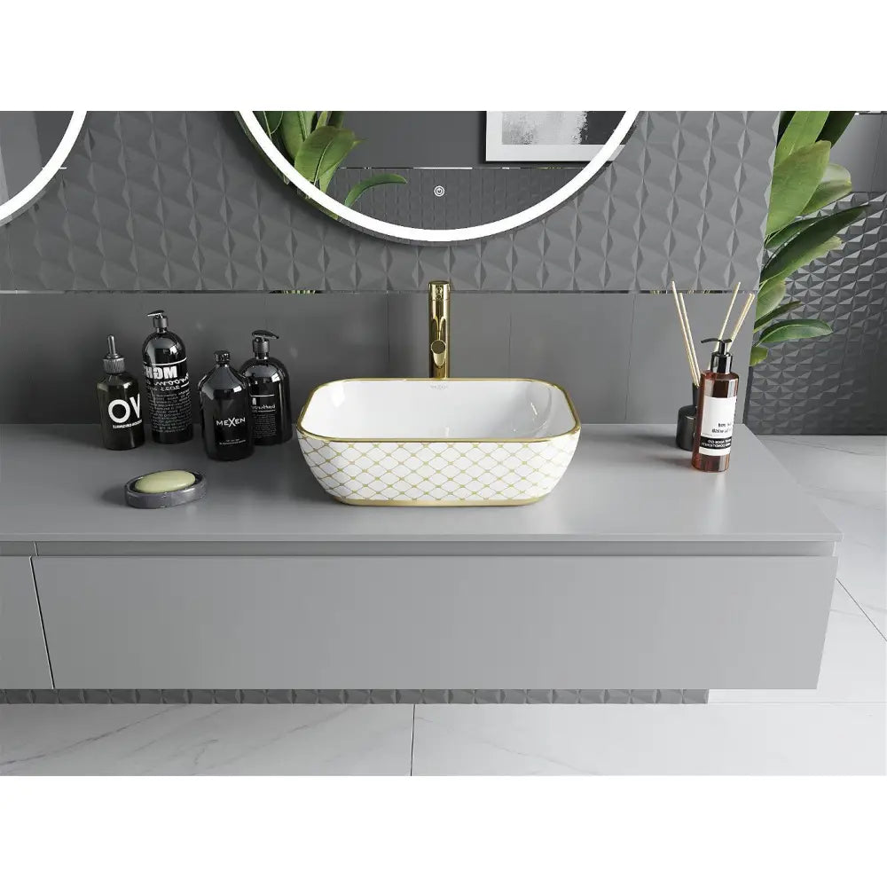 Mexen Rita Servant for Plassering på Benkeplate 45x32 Cm Hvit/gull Rutemønster