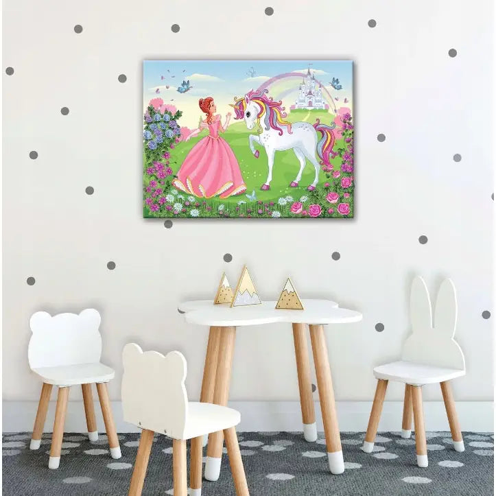 Prinsesse med Enhjørning Lerretsbilde | Bilder til Barnerom 80x60 Cm