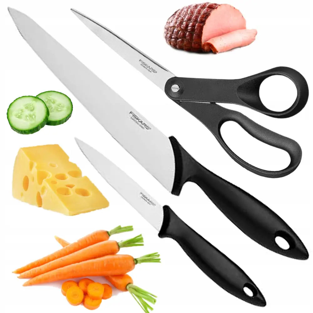 Sett med 2 Kjøkkenkniver og Saks fra Fiskars Essential