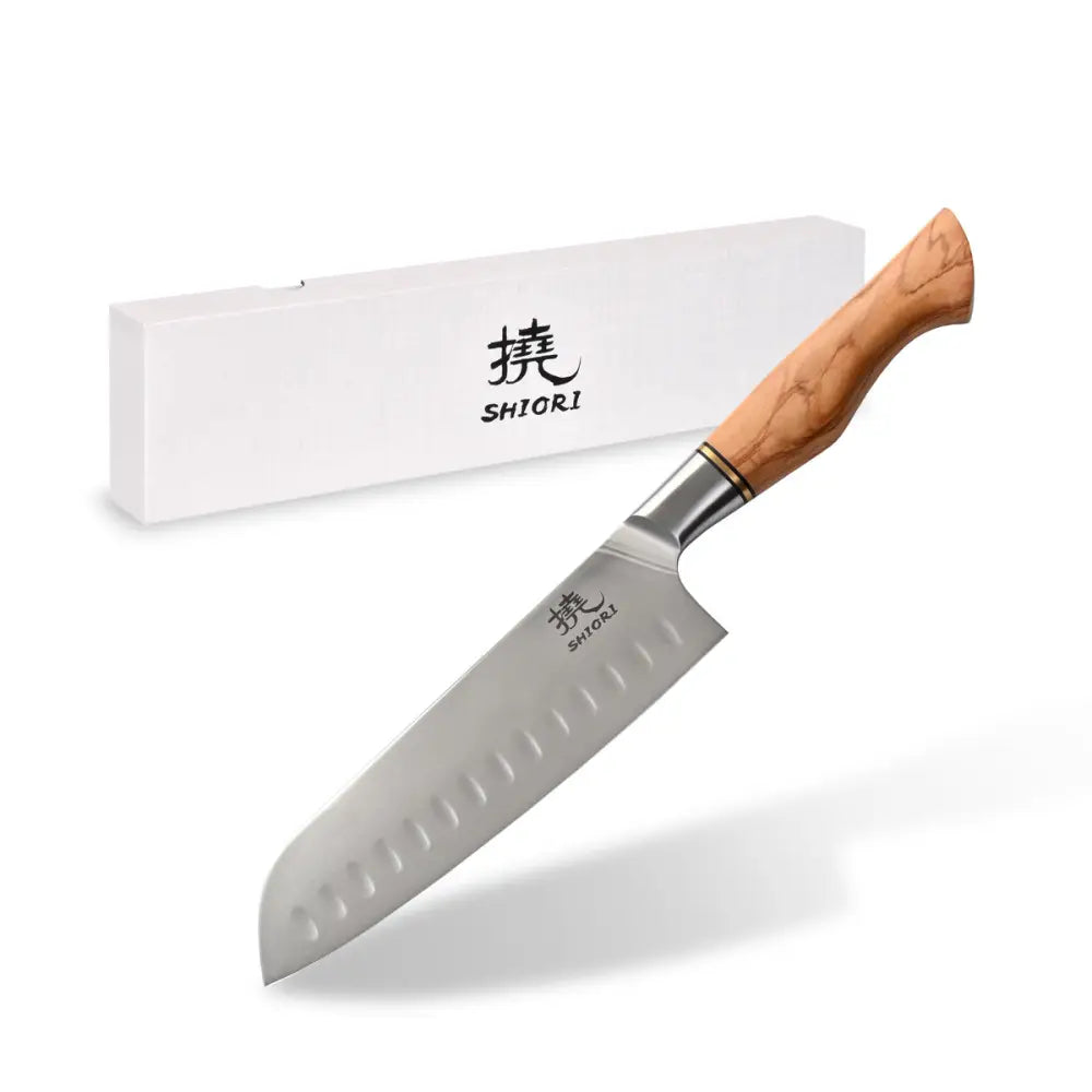 Stor Perfekt Balansert Shiori 撓 Shibuki Santoku Kniv fra Sandvik 14c28n Stål Premium Oliventre