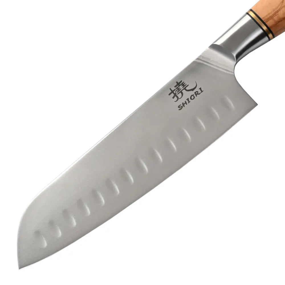Stor Perfekt Balansert Shiori 撓 Shibuki Santoku Kniv fra Sandvik 14c28n Stål Premium Oliventre