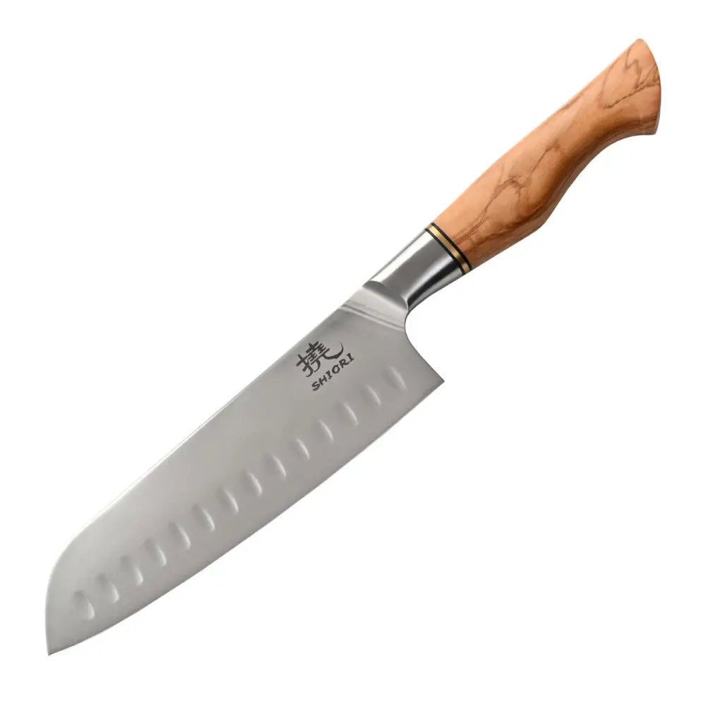 Stor Perfekt Balansert Shiori 撓 Shibuki Santoku Kniv fra Sandvik 14c28n Stål Premium Oliventre