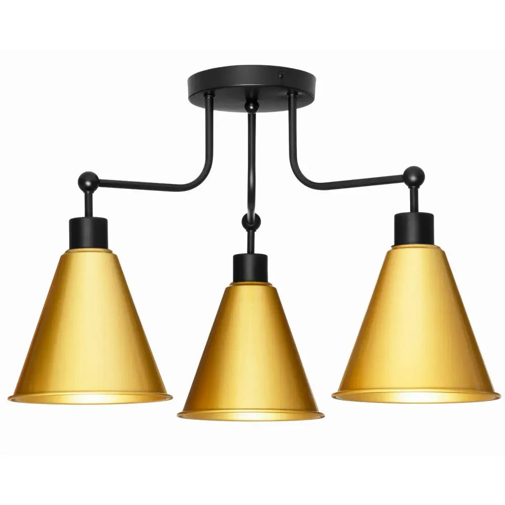 Taklampe Lysekrone 3 Kjegleformede Skjermer Gull